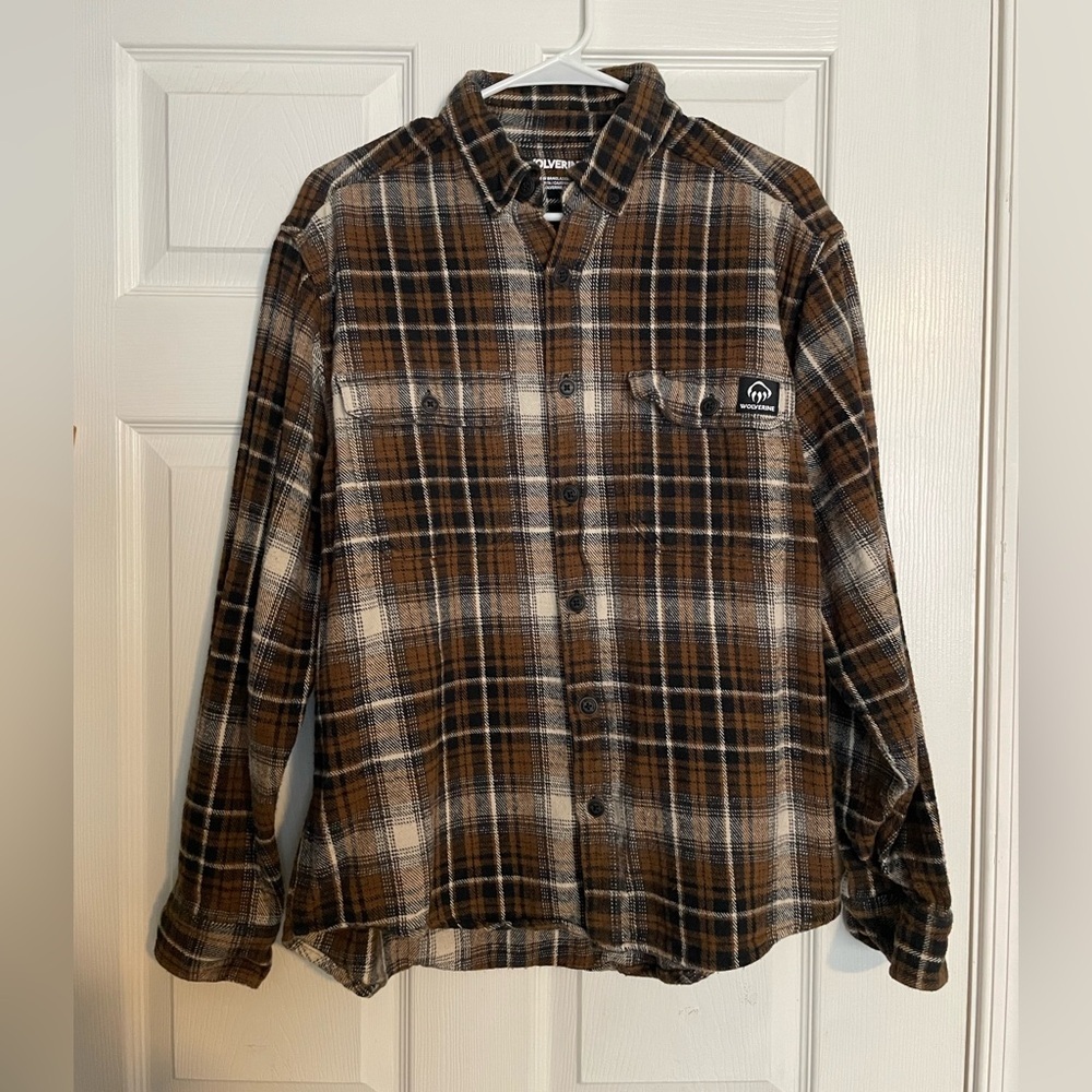 Wolverine Men’s Size Large Brown and Black Plaid Flannel Shirt 100% Cotton